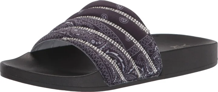 YOKI-RIRI-61 Women's Flat Beach Slide With Bandana Printed Design And Rhinestone Studs On Upper Strap