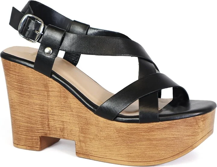 YOKI SUNBRELLA-04 Women's Quilted Criss Cross Strap Wooden Heeled Wedge