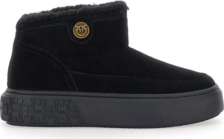 'yoko' Black Ankle Boots With Love Birds Diamond Cut Patch And Fur Lining In Suede Woman
