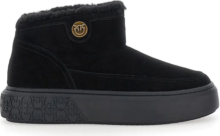 'Yoko' Black Ankle Boots With Love Birds Diamond Cut Patch And Fur Lining In Suede Woman