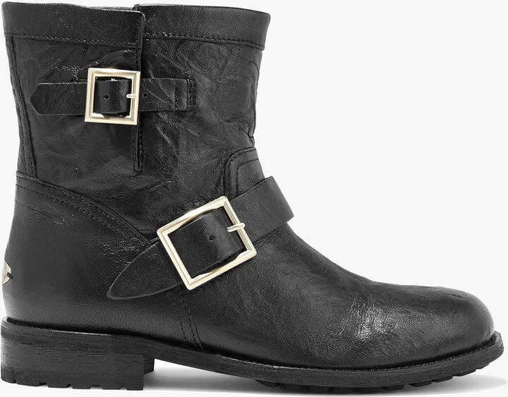 Youth buckled crinkled-leather ankle boots