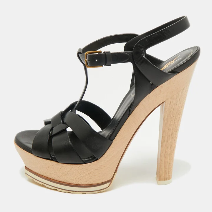 Yves Saint Laurant Black Leather Tribute Platform Sandals Size 37.5