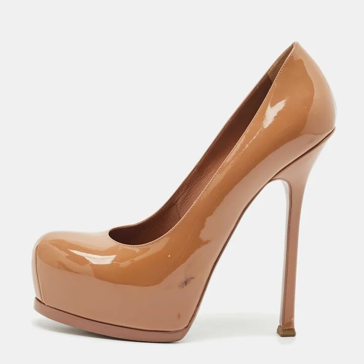 Yves Saint Laurent Beige Patent Leather Tribtoo Platform Pumps Size 39.5