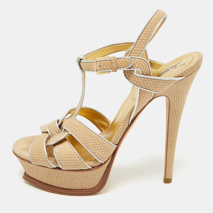 Yves Saint Laurent Beige/Silver Suede and Leather Platform Sandals Size 36.5