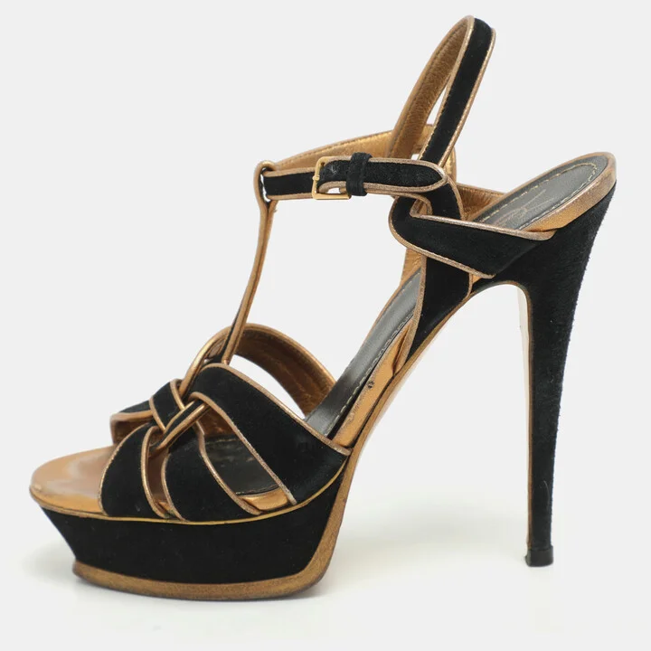 Yves Saint Laurent Black/Gold Leather and Suede Tribute Ankle Strap Sandals Size 39