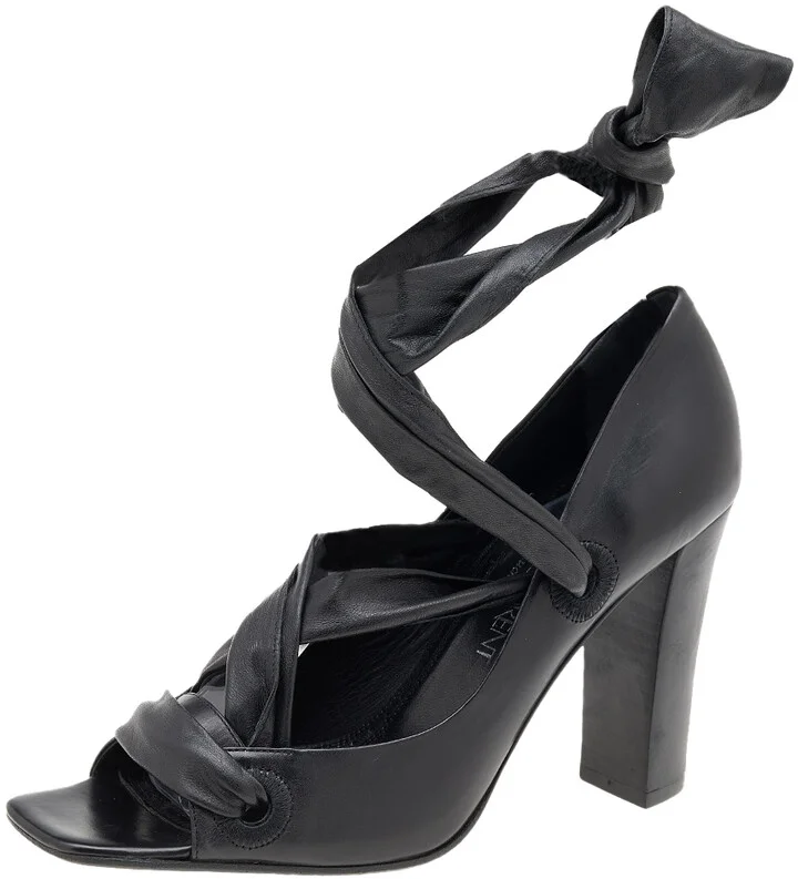 Yves Saint Laurent Black Leather Open Toe Ankle Wrap Pumps Size 37.5