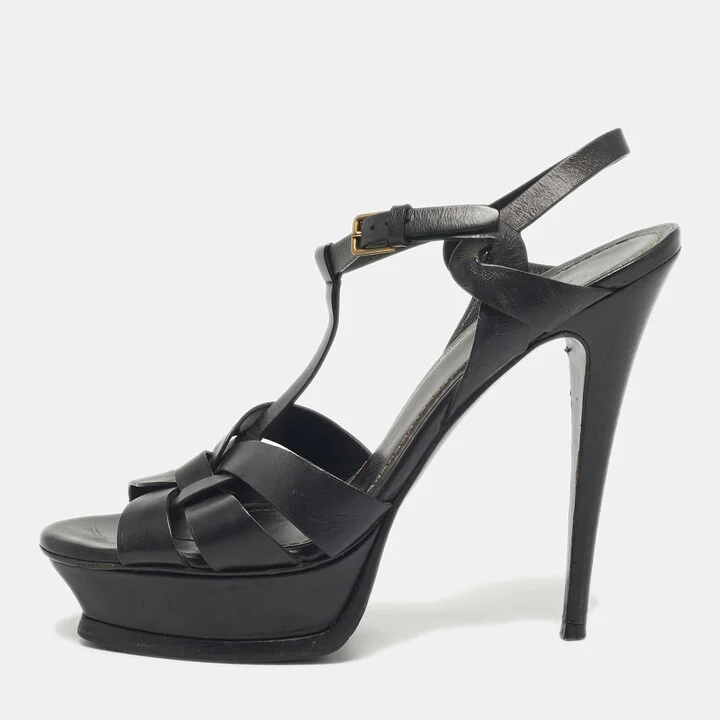 Yves Saint Laurent Black Leather Platform Sandals Size 41
