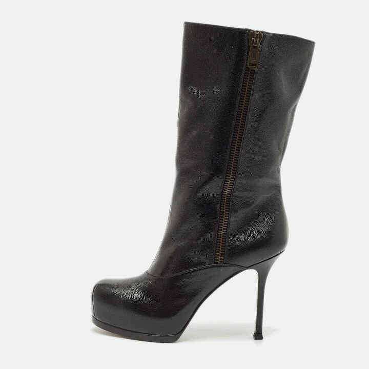 Yves Saint Laurent Black Leather Tribtoo Platform Ankle Boots Size 39