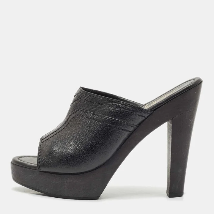 Yves Saint Laurent Black Leather Wooden Platform Mules Size 38.5