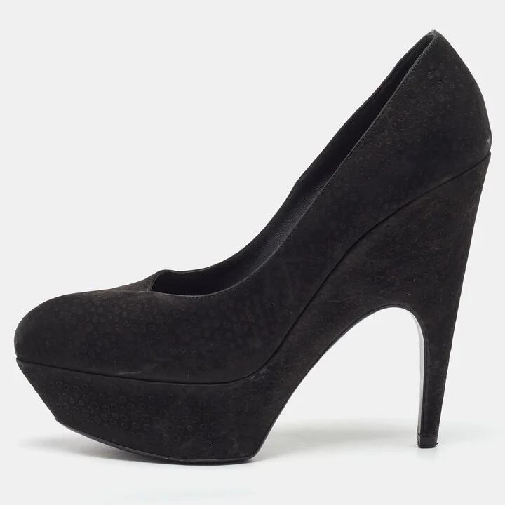 Yves Saint Laurent Black Nubuck Leather Platform Pumps Size 38
