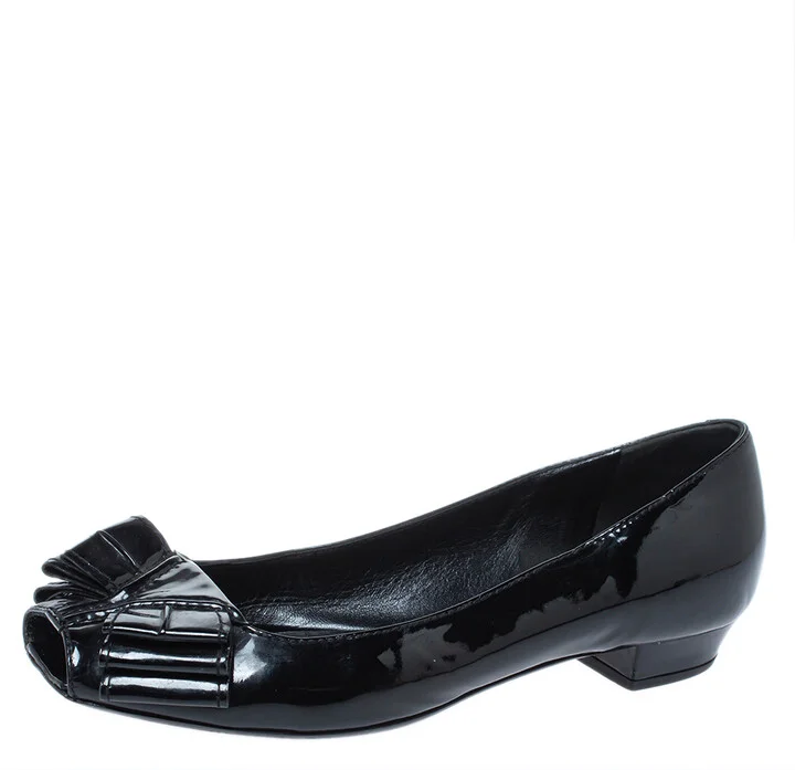 Yves Saint Laurent Black Patent Leather Bow Peep Toe Ballet Flat Size 35