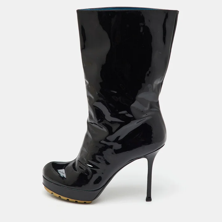 Yves Saint Laurent Black Patent Leather Mid Calf Platform Boots Size 39