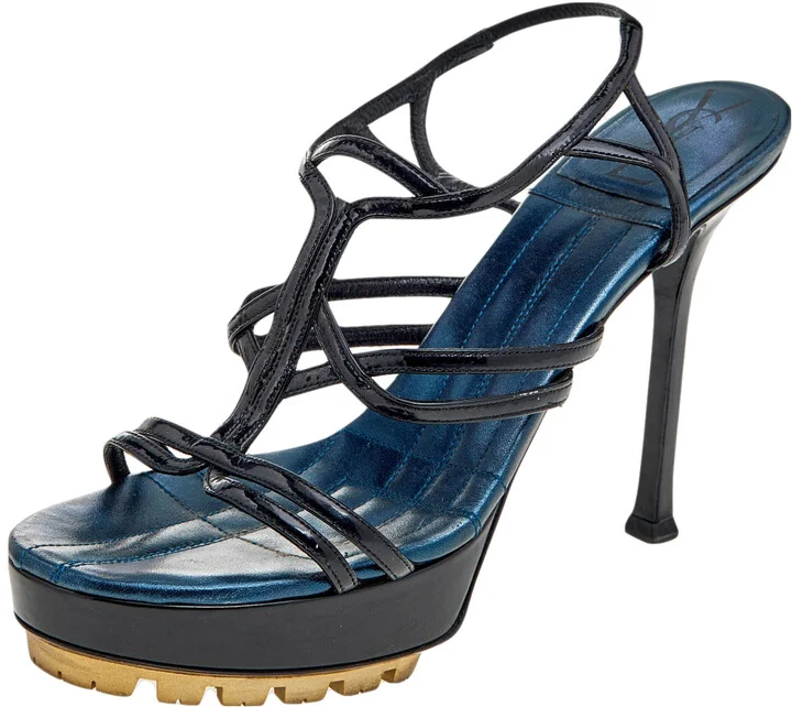 Yves Saint Laurent Black Patent Leather Strappy Platform Sandals Size 36.5