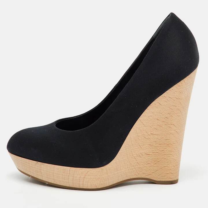 Yves Saint Laurent Black Satin Maryna Platform Wedge Pumps Size 38