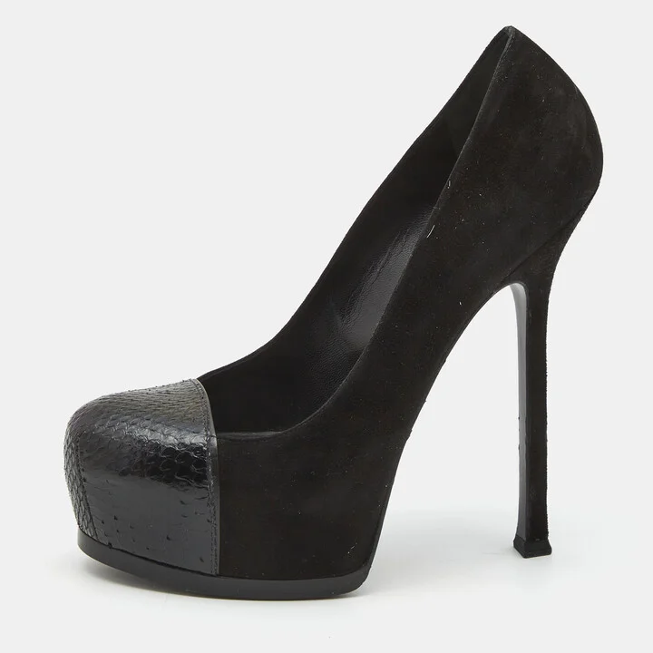 Yves Saint Laurent Black Snakeskin and Suede Tribtoo Pumps Size 37.5
