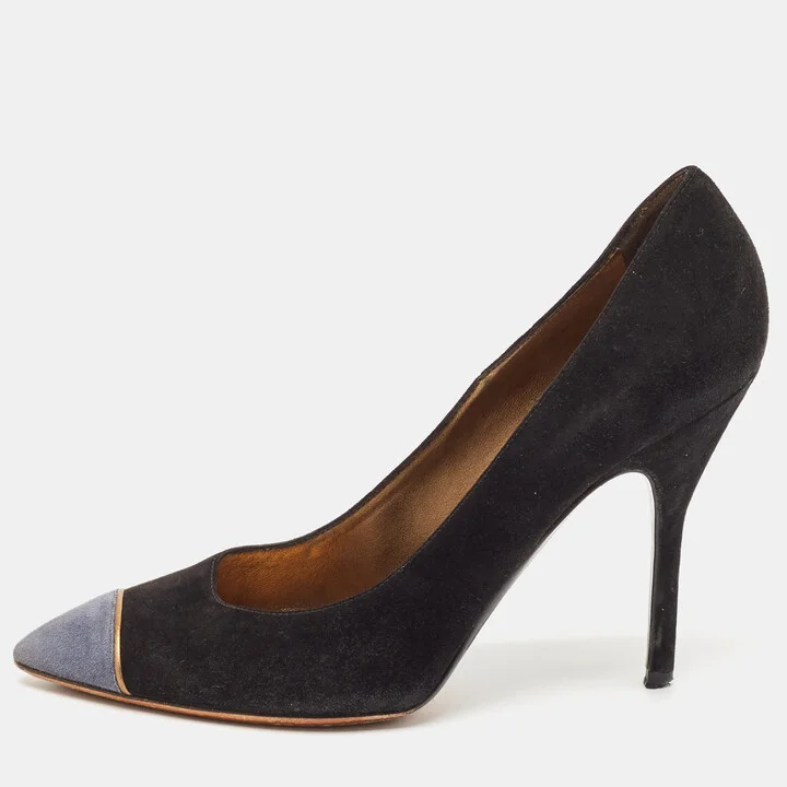 Yves Saint Laurent Black Suede Cap Toe Pointed Toe Pumps Size 38.5