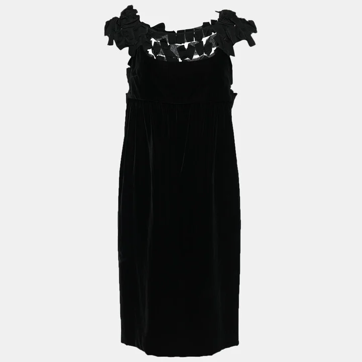 Yves Saint Laurent Black Velvet Bow Applique Midi Dress M
