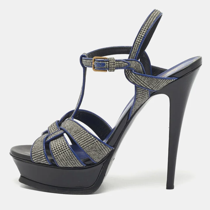 Yves Saint Laurent Blue/Grey Leather and Canvas Tribute Sandals Size 40