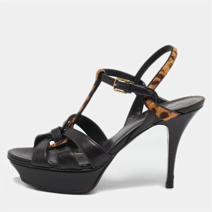 Yves Saint Laurent Brown/Beige Calf Hair and Leather Tribute Ankle Strap Sandals Size 37