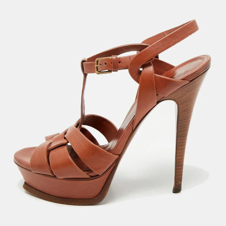Yves Saint Laurent Brown Leather Tribute Ankle Strap Sandals Size 38