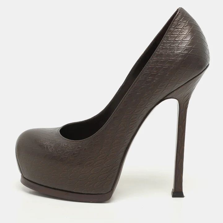 Yves Saint Laurent Brown Python Embossed Leather Tribtoo Platform Pumps Size 36