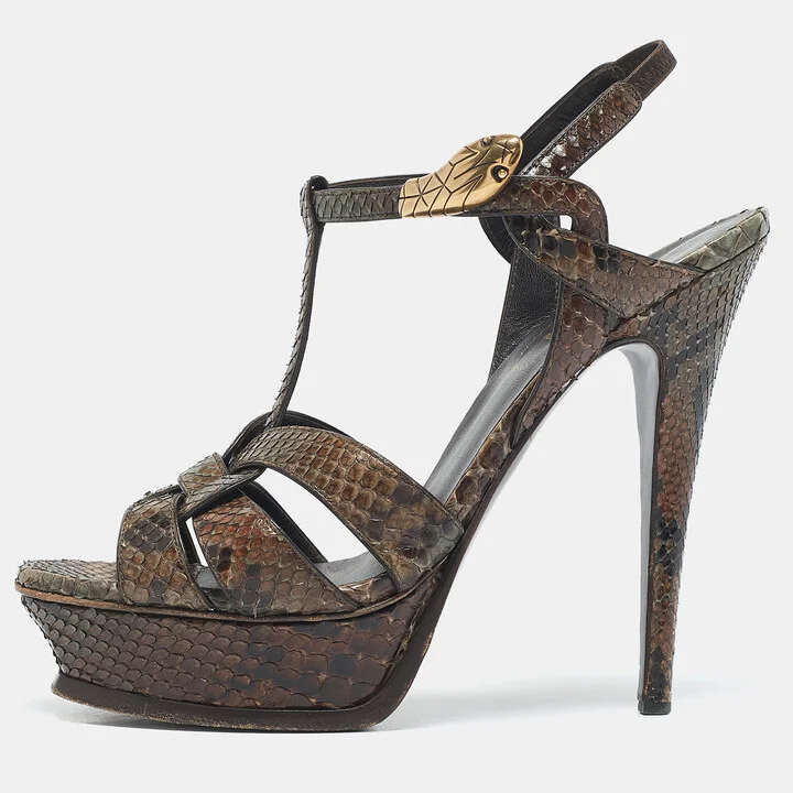 Yves Saint Laurent Brown Python Leather Platform Sandals Size 39