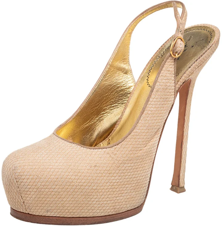 Yves Saint Laurent Cream Snakeskin Embossed Suede Tribtoo Slingback Pumps Size 39