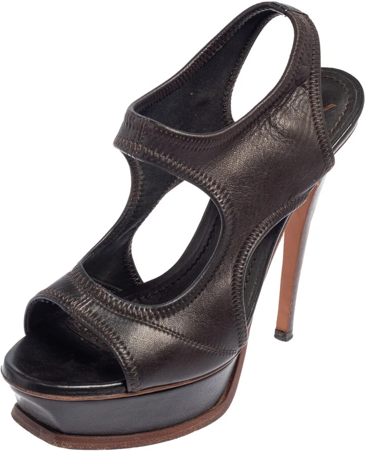 Yves Saint Laurent Dark Brown Soft Leather Platform Sandals Size 37.5