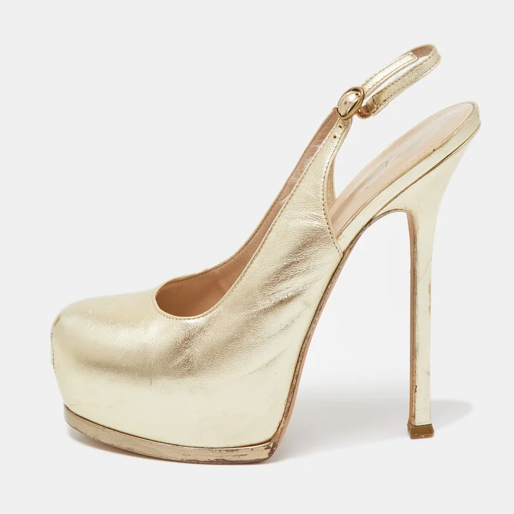 Yves Saint Laurent Gold Leather Tribtoo Slingback Pumps Size 38