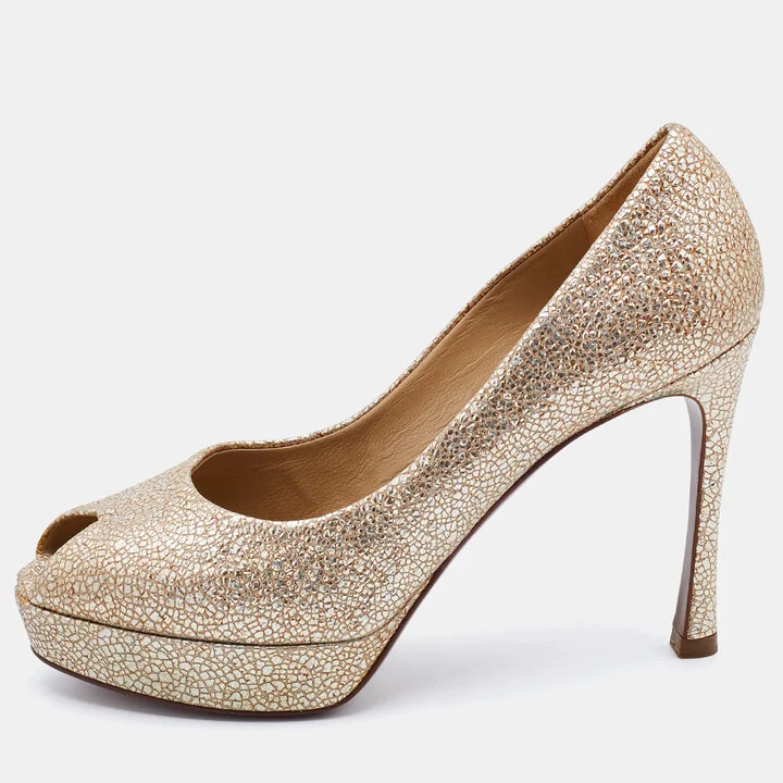 Yves Saint Laurent Gold Textured Leather Peep Toe Platform Pumps Size 37.5