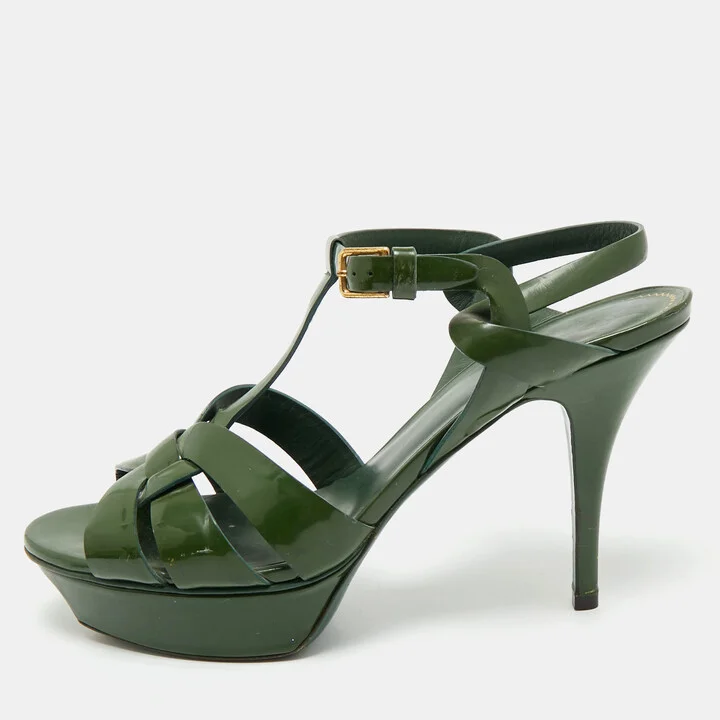 Yves Saint Laurent Green Patent Leather Platform Sandals Size 40