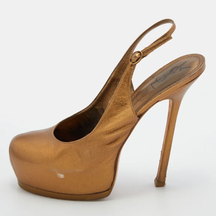 Yves Saint Laurent Metallic Brown Leather Tribtoo Slingback Platform Pumps Size 39