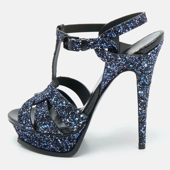 Yves Saint Laurent Navy Blue Glitter and Python Embossed Tribute Platform Sandals Size 38.5