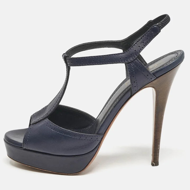 Yves Saint Laurent Navy Blue Leather T Strap Platform Sandals Size 38.5