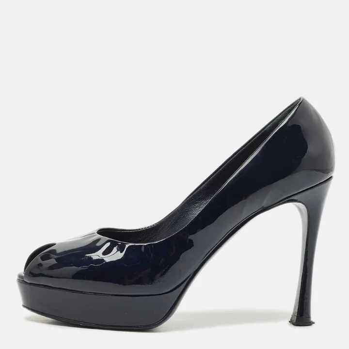 Yves Saint Laurent Navy Blue Patent Leather Peep Toe Ankle Strap Pumps Size 37