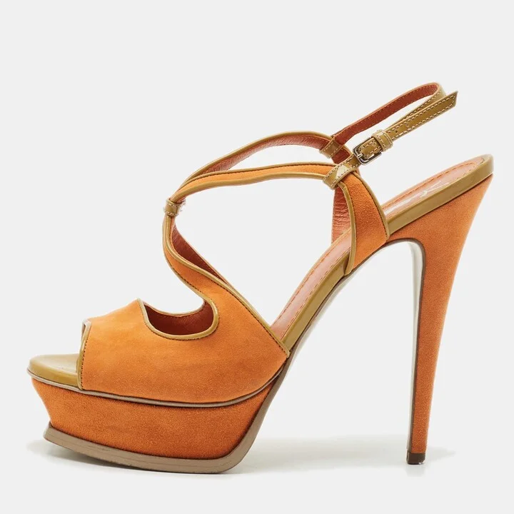 Yves Saint Laurent Orange/Green Suede and Patent Leather Platform Sandals Size 39.5