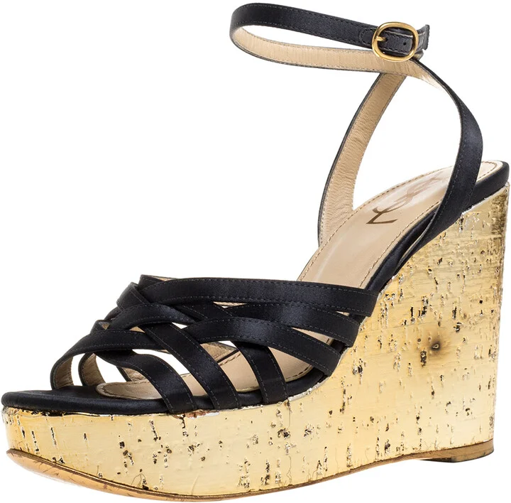 Yves Saint Laurent Paris Dark Grey/Gold Satin Strappy Ankle Strap Wedge Sandals Size 36