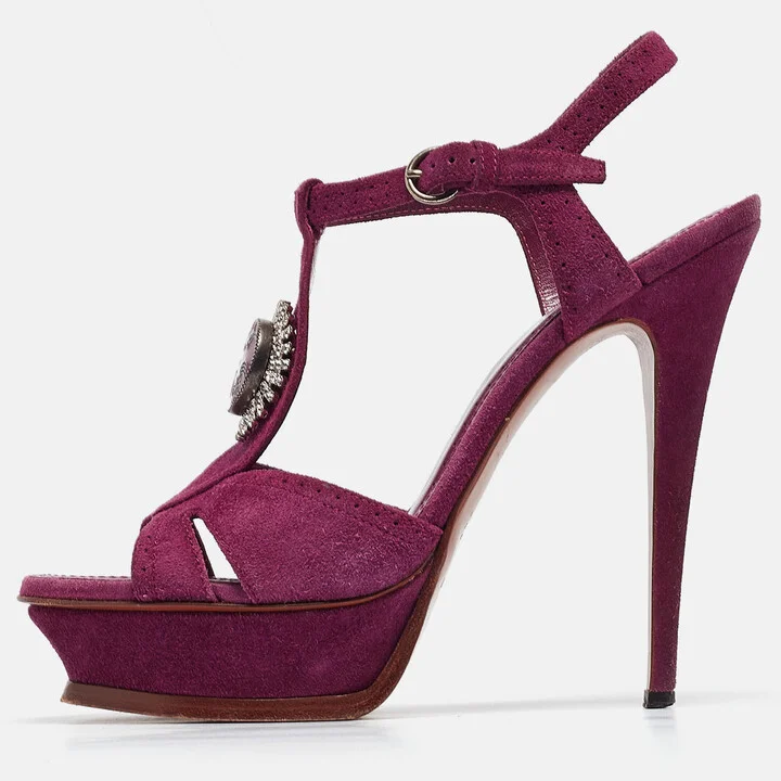Yves Saint Laurent Purple Suede Buckle Detail Platform Ankle Strap Sandals Size 40