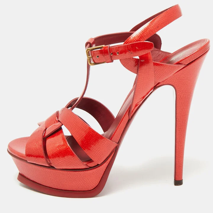 Yves Saint Laurent Red Patent Leather Tribute Platform Sandals Size 38