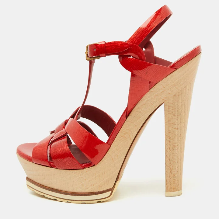 Yves Saint Laurent Red Patent Leather Wood Tribute Platform Sandals Size 37.5