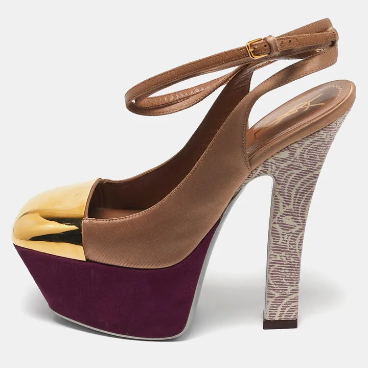 Yves Saint Laurent Tricolor Leather and Satin Platform Pumps Size 35