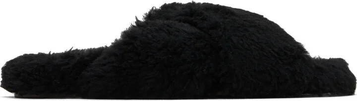 Yves Salomon Black Curly Merino Slippers