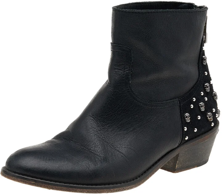 Zadig And Voltaire Black Leather Embellished Ankle Boots Size 36