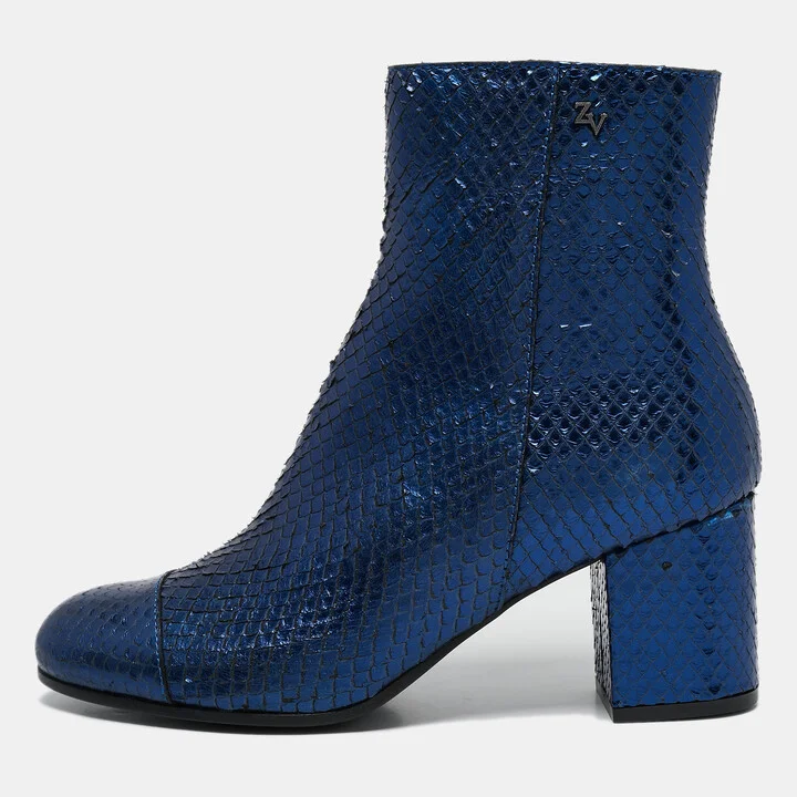 Zadig & Voltaire Blue Python Embossed Leather Block Heel Ankle Boots Size 36