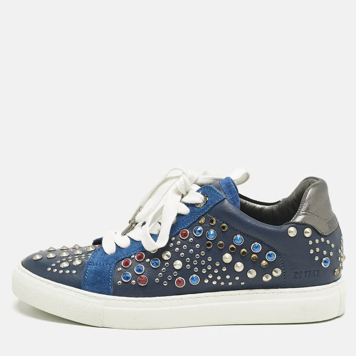Zadig & Voltaire Multicolor Leather and Suede Studded Jungle Clous Sneakers Size 37