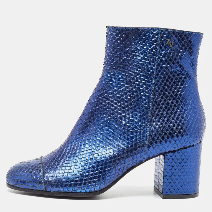 Zadiq & Voltaire Blue Python Leather Block Heel Ankle Boots Size 37