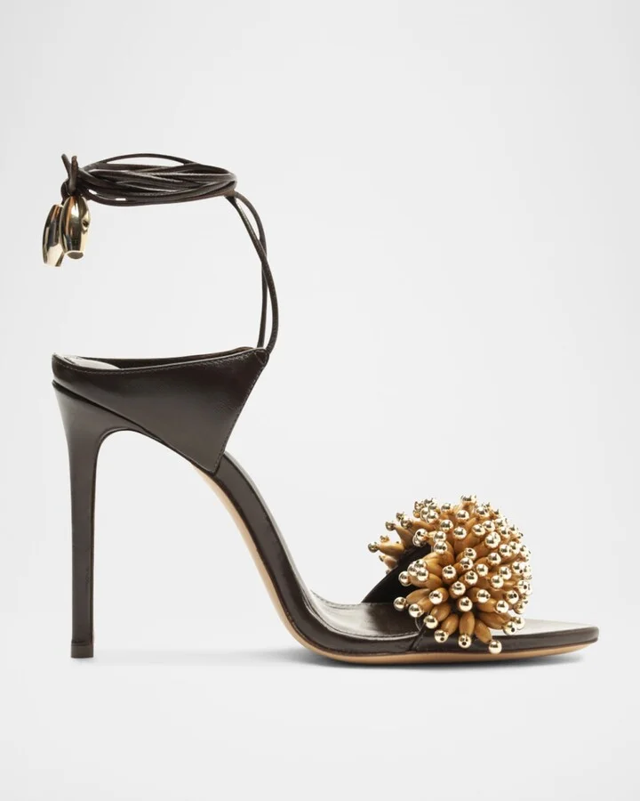 Zaya Leather Beaded Ankle-Wrap Sandals