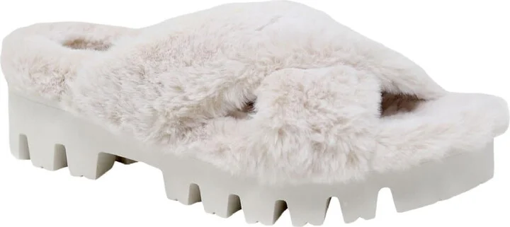 Zealous Womens Faux Fur Lugged Sole Flatform Sandals
