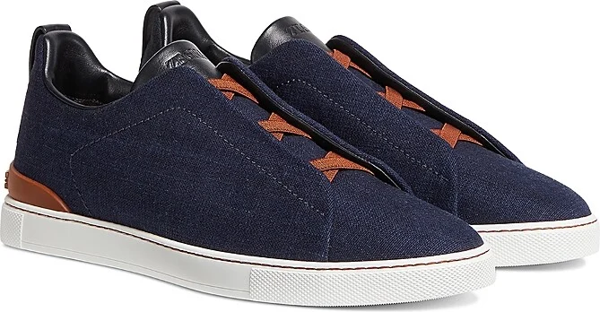 Zegna Blue Cotton Denim Triple Stitch Low Top Sneakers