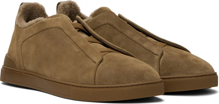 ZEGNA Brown Suede Triple Stitch Sneakers - Image 4